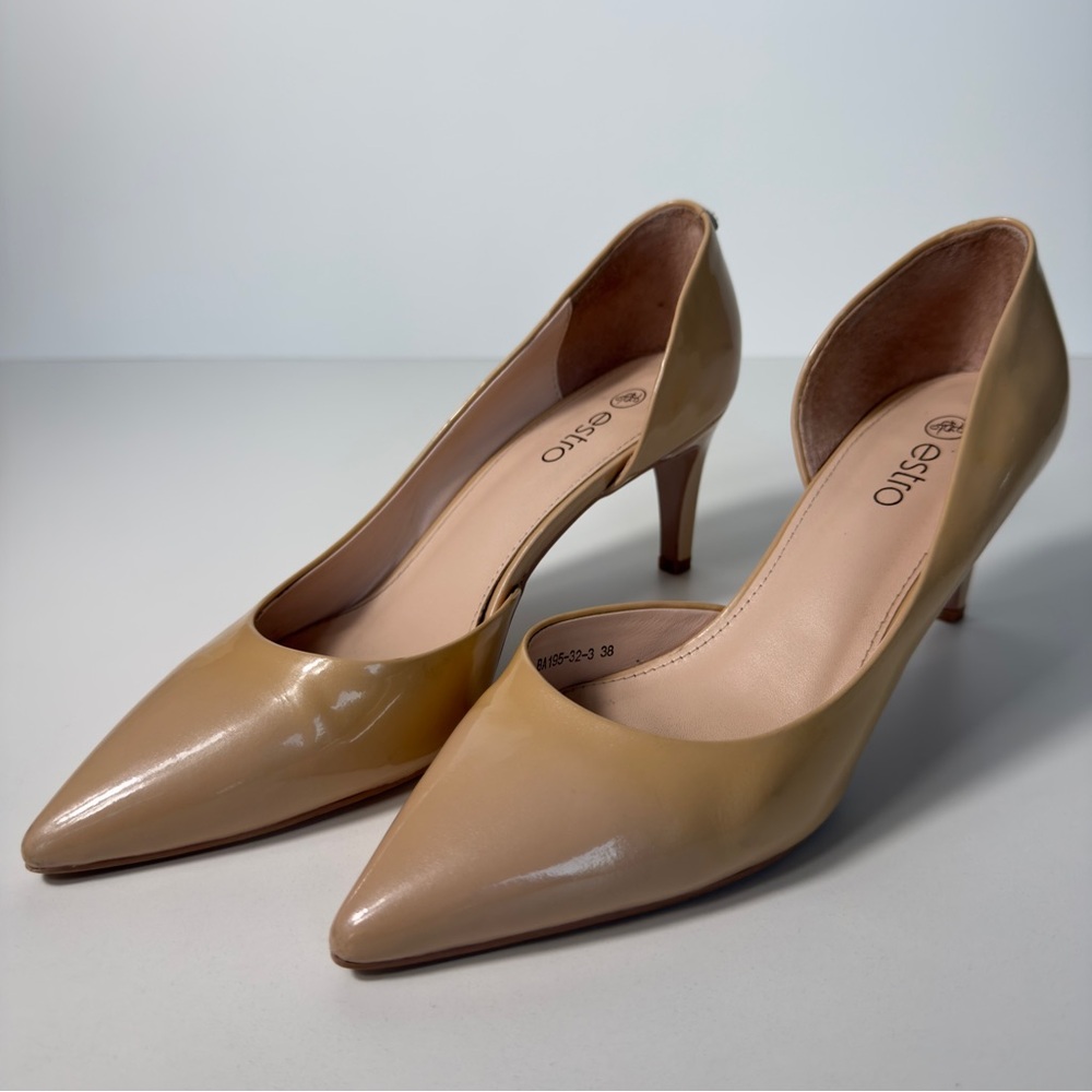 Estro Women's Beige Patent Leather Pointed Toe Pumps Heel Elegant Shoes